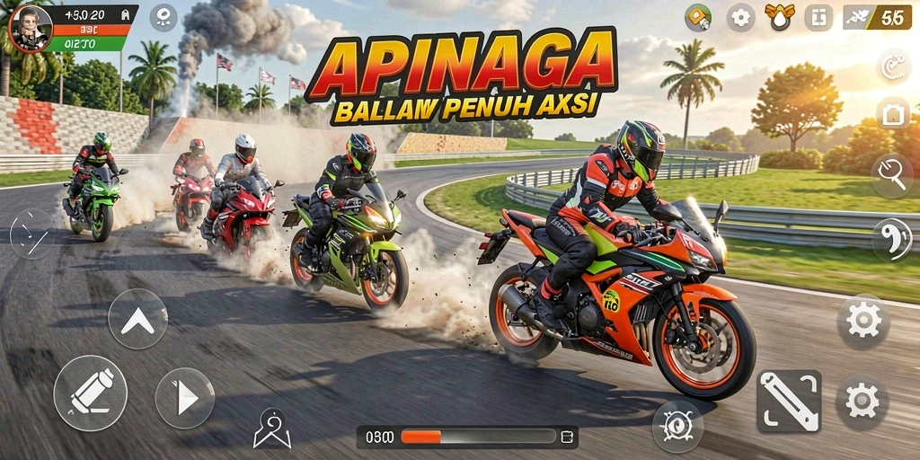 Gameplay menegangkan dalam APINAGA saat berlomba di lintasan balap.