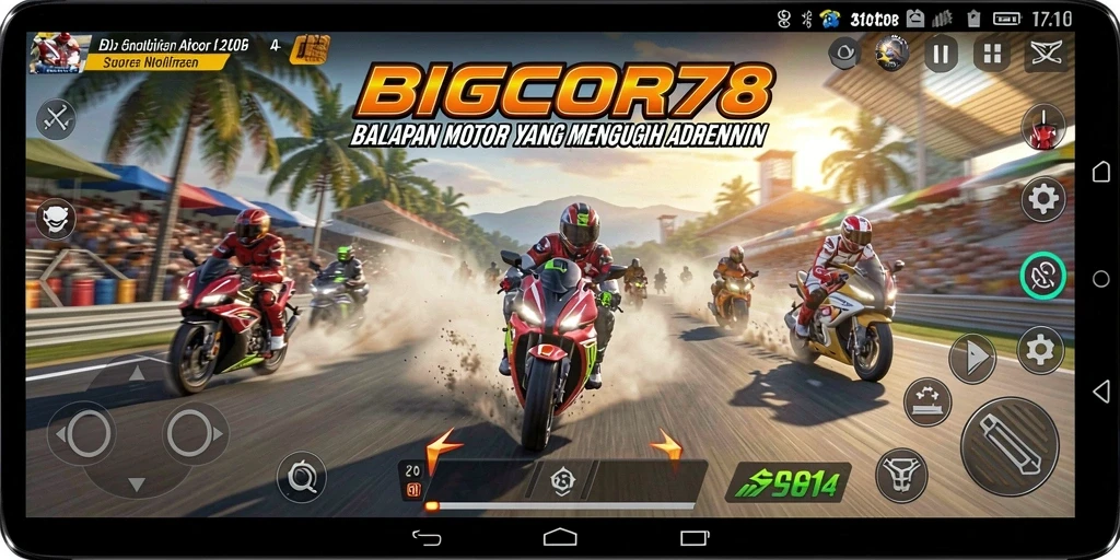 Gameplay seru dan mendebarkan dalam BIGCOR78 saat balapan motor.