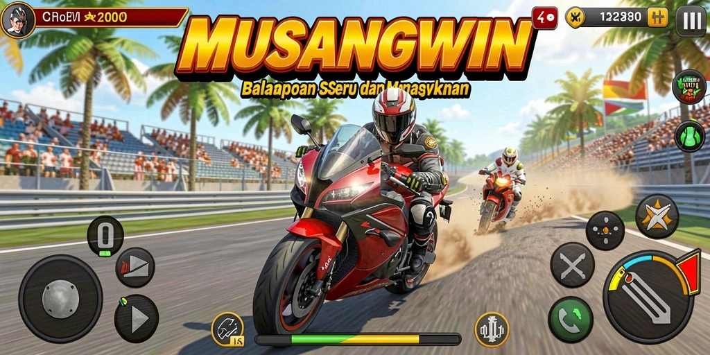 Tampilan gameplay utama MUSANGWIN dengan aksi balapan motor yang intens.