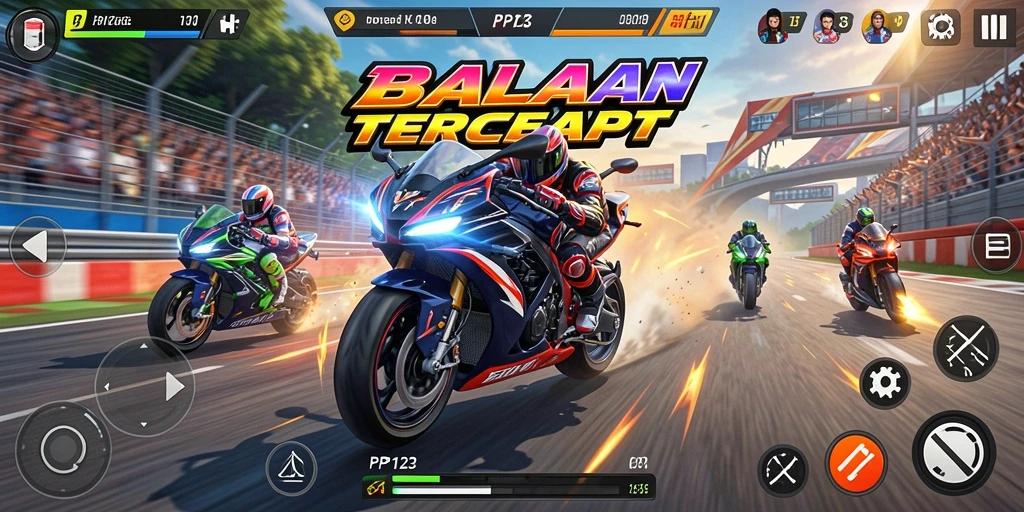 Tangkapan layar gameplay PP123 dengan aksi balap motor yang seru.